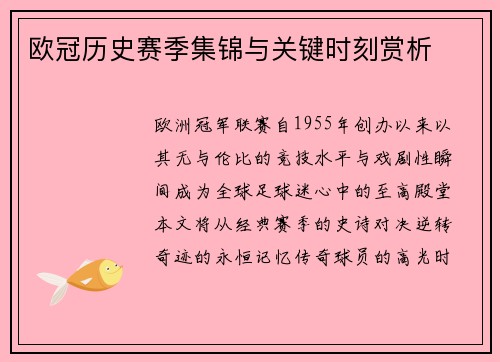 欧冠历史赛季集锦与关键时刻赏析